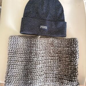 PINK Victoria's Secret Dark Blue Beanie and Gray Scarf Set